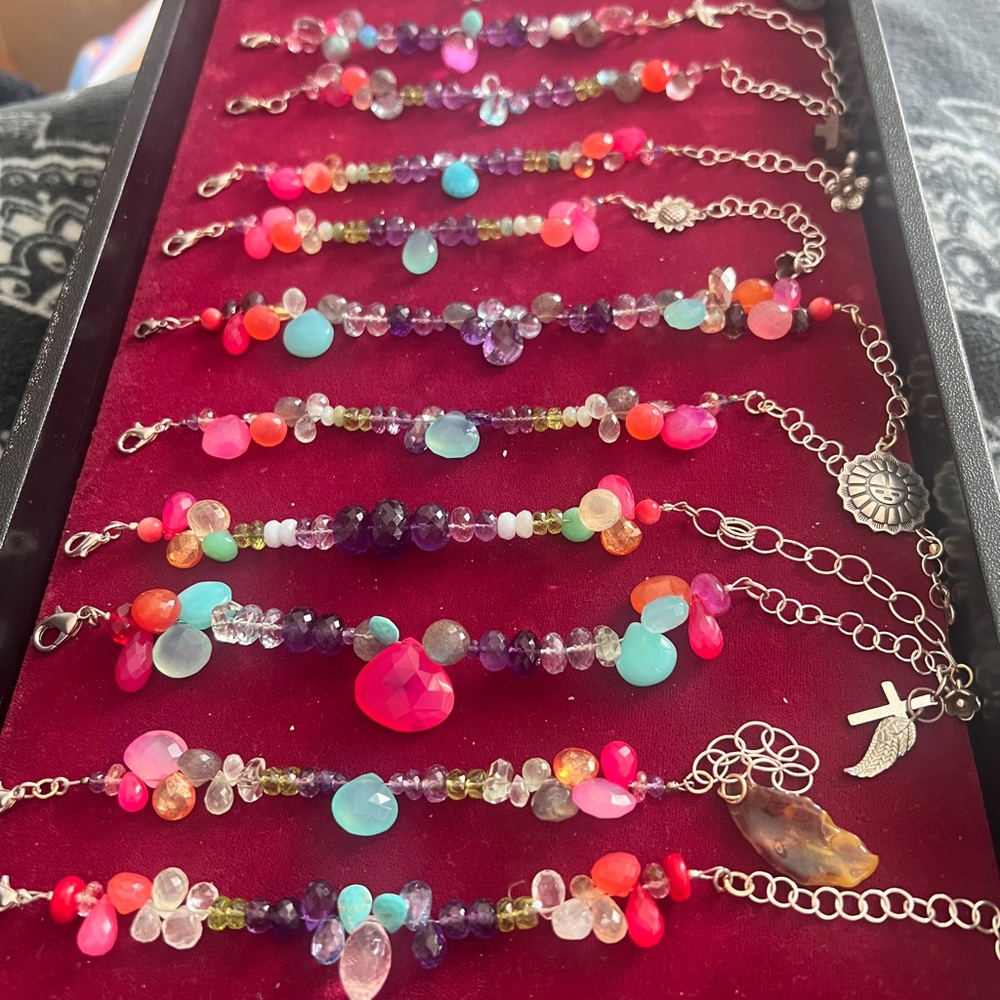 Pink and Blue Charm Bracelets with Silver Chains
